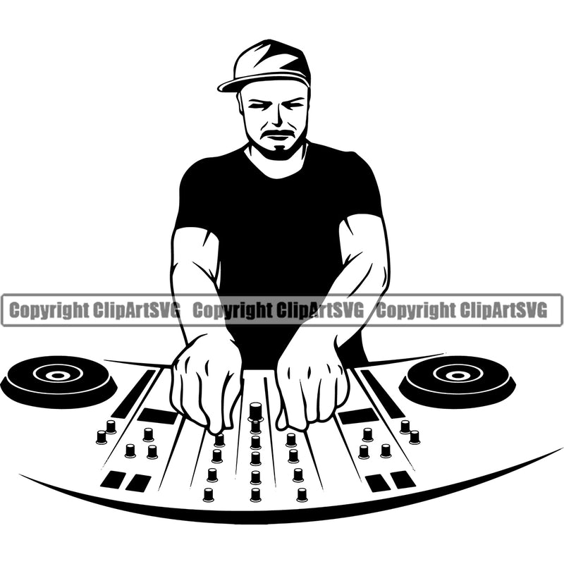 DJ Music Disc Dee Jay Party Jokey Character White Background Design Element Vinyl Record Spinning Disco Sound Audio Night Club Dance Entertainment Nightlife Turntable Disc Jockey Spin Equipment Clipart SVG
