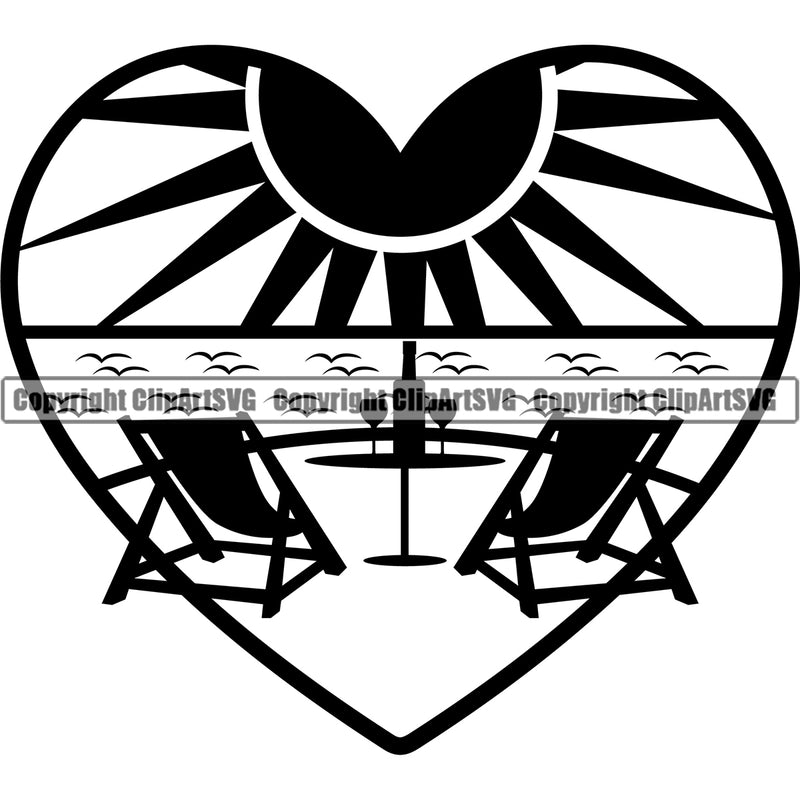 Nature Beach Chair Drink Sun Heart Design Element White Background Surfing Beach Summer Surf Vector Ocean Tropical Wave Vacation Travel Sea Surfboard Palm Paradise Island Surfer Hawaii Nature Sun Sunset Clipart SVG