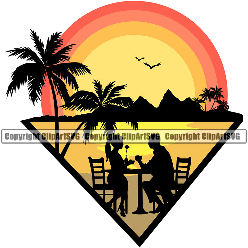 Nature Beach Couple Sitting On Chair Vector Surfing Beach Design Element Summer Surf Ocean Tropical Wave Vacation Travel Sea Surfboard Palm Paradise Island Surfer Hawaii Nature Sun Sunset Clipart SVG