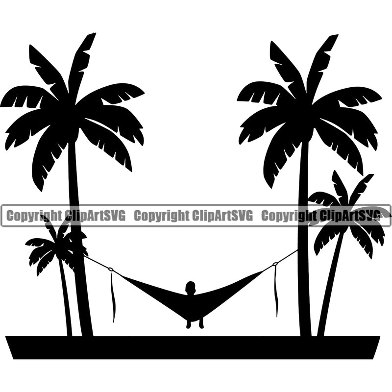 Nature Beach Hammock Sitting Silhouette Vector Design Element Surfing Beach Summer Surf Ocean Tropical Wave Vacation Travel Sea Surfboard Palm Paradise Island Surfer Hawaii Nature Sun Sunset Clipart SVG