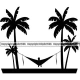 Nature Beach Hammock Sitting Silhouette Vector Design Element Surfing Beach Summer Surf Ocean Tropical Wave Vacation Travel Sea Surfboard Palm Paradise Island Surfer Hawaii Nature Sun Sunset Clipart SVG