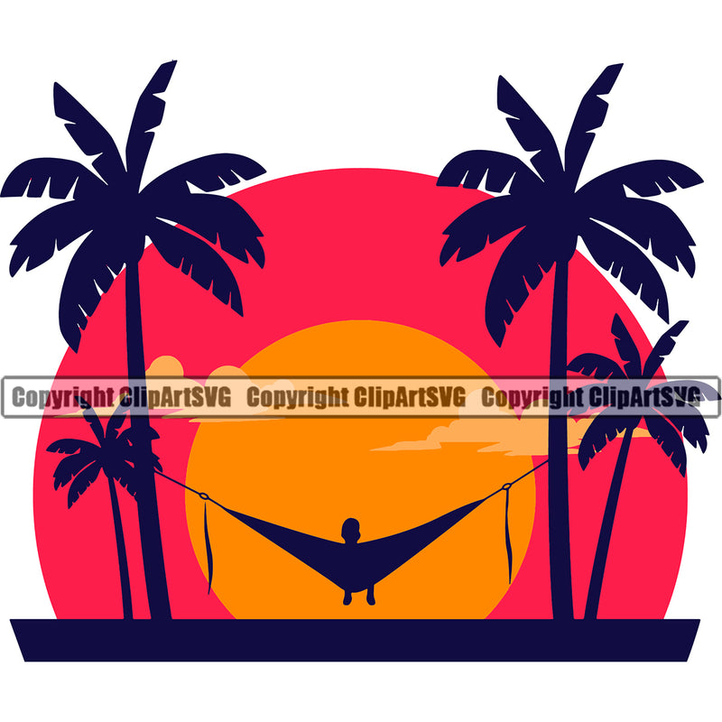 Nature Beach Hammock Sitting Sunset Design Element White Background Surfing Beach Summer Surf Ocean Tropical Wave Vacation Travel Sea Surfboard Palm Paradise Island Surfer Hawaii Nature Sun Sunset Clipart SVG