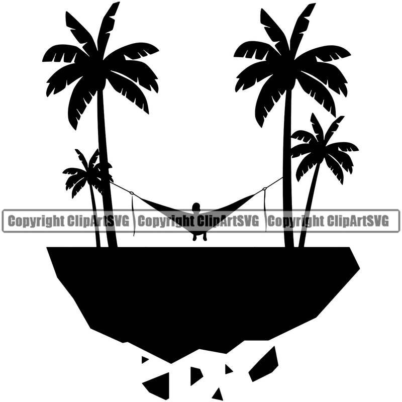 Nature Beach Hammock Silhouette Surfing Beach Summer Surf White Background Design Element Ocean Tropical Wave Vacation Travel Sea Surfboard Palm Paradise Island Surfer Hawaii Nature Sun Sunset Clipart SVG