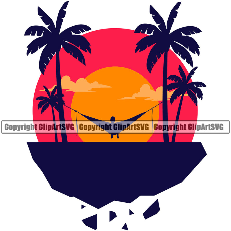 Nature Beach Hammock Color White Background Design Element Surfing Beach Summer Surf Ocean Tropical Wave Vacation Travel Sea Surfboard Palm Paradise Island Surfer Hawaii Nature Sun Sunset Clipart SVG