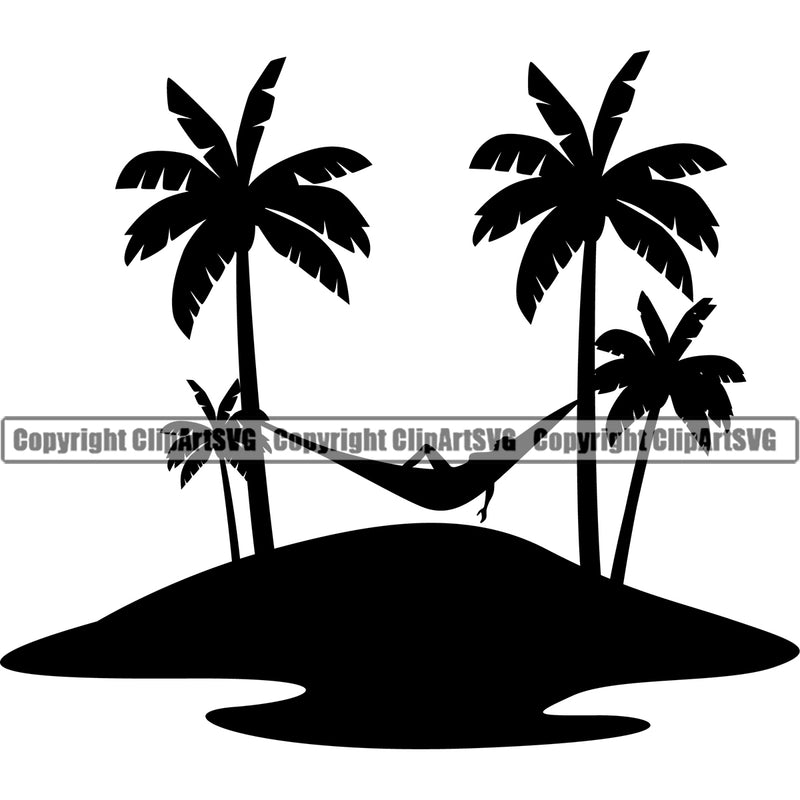 Nature Beach Hammock Black Vector Design Element Surfing Beach Summer Surf Ocean Tropical Wave Vacation Travel Sea Surfboard Palm Paradise Island Surfer Hawaii Nature Sun Sunset Clipart SVG