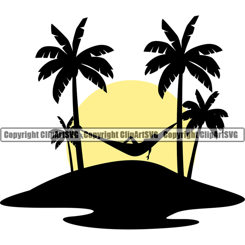 Nature Beach Hammock Color Design Element Logo Surfing Beach Summer Surf Ocean Tropical Wave Vacation Travel Sea Surfboard Palm Paradise Island Surfer Hawaii Nature Sun Sunset Clipart SVG
