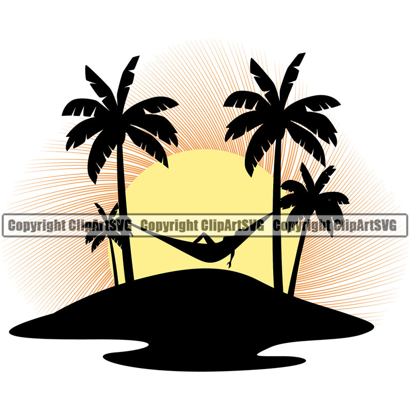 Nature Beach Hammock Sleeping Vector Design Element Surfing Beach Summer Surf Ocean Tropical Wave Vacation Travel Sea Surfboard Palm Paradise Island Surfer Hawaii Nature Sun Sunset Clipart SVG