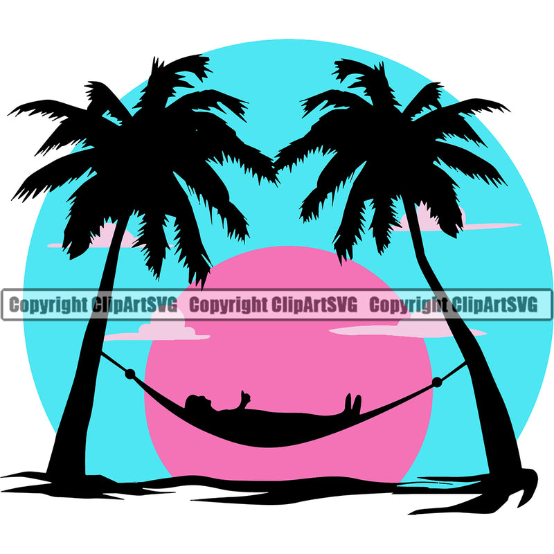 Nature Beach Hammock Background Color Design Element Surfing Beach Summer Surf Ocean Tropical Wave Vacation Surfer Hawaii Nature Sun Sunset Travel Sea Surfboard Palm Paradise Island Clipart SVG