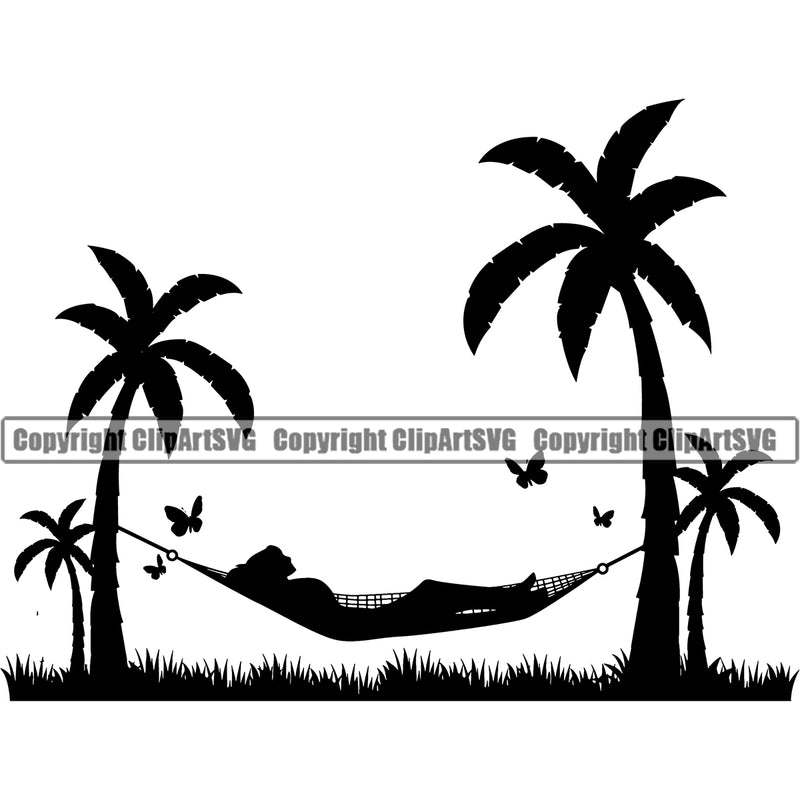 Nature Beach Hammock Woman Sleeping Butterfly Vector Design Element Surfing Beach Summer Surf Ocean Tropical Wave Vacation Travel Sea Surfboard Palm Paradise Island Surfer Hawaii Nature Sun Sunset Clipart SVG