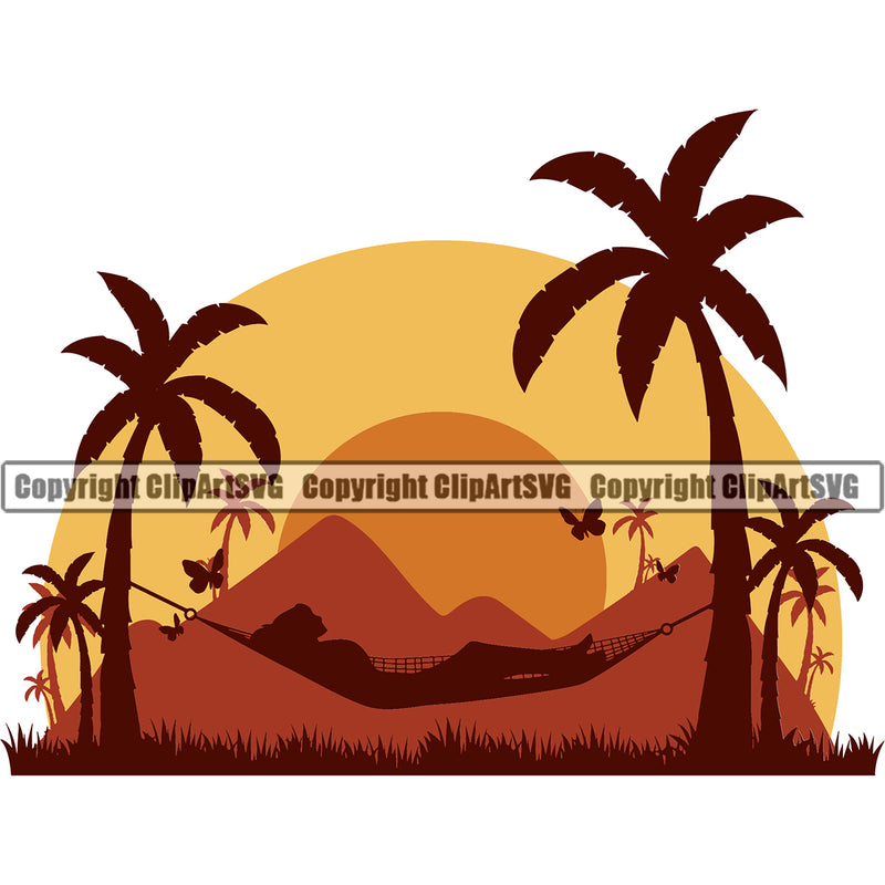 Nature Beach Hammock Woman Sleeping Color Vector Design Element Surfing Beach Summer Surf Ocean Tropical Wave Vacation Travel Sea Surfboard Palm Paradise Island Surfer Hawaii Nature Sun Sunset Clipart SVG