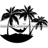 Nature Beach Hammock Hanging Vector Design Element Surfing Beach Summer Surf Ocean Tropical Wave Vacation Travel Sea Surfboard Palm Paradise Island Surfer Hawaii Nature Sun Sunset Clipart SVG