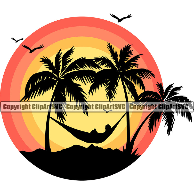 Nature Beach Hammock Sunset Vector Design Element Logo Surfing Beach Summer Surf Ocean Tropical Wave Vacation Travel Sea Surfboard Palm Paradise Island Surfer Hawaii Nature Sun Sunset Clipart SVG