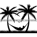 Nature Beach Hammock Hanging Tree Vector Design Element Surfing Beach Summer Surf Ocean Tropical Wave Vacation Travel Sea Surfboard Palm Paradise Island Surfer Hawaii Nature Sun Sunset Clipart SVG