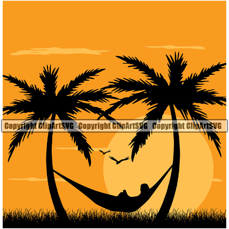 Nature Beach Hammock Sunset Vector Design Element Surfing Beach Summer Surf Ocean Tropical Wave Vacation Travel Sea Surfboard Palm Paradise Island Surfer Hawaii Nature Sun Sunset Clipart SVG