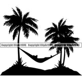 Nature Beach Hammock Silhouette Vector Design Element Surfing Beach Summer Surf Ocean Tropical Wave Vacation Travel Sea Surfboard Palm Paradise Island Surfer Hawaii Nature Sun Sunset Clipart SVG