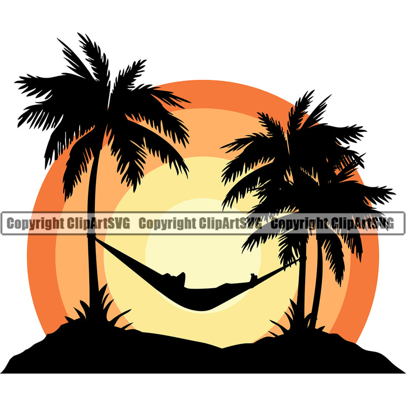 Nature Beach Hammock Sunset Background Design Element Surfing Beach Summer Surf Ocean Tropical Wave Vacation Travel Sea Surfboard Palm Paradise Island Surfer Hawaii Nature Sun Sunset Clipart SVG