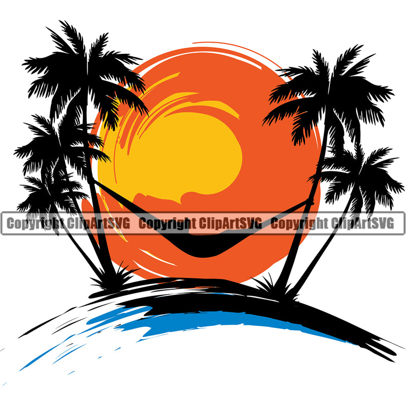 Nature Beach Hammock Hanging Sunset Vector Design Element Surfing Beach Summer Surf Ocean Tropical Wave Vacation Travel Sea Surfboard Palm Paradise Island Surfer Hawaii Nature Sun Sunset Clipart SVG