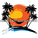 Nature Beach Hammock Hanging Sunset Vector Design Element Surfing Beach Summer Surf Ocean Tropical Wave Vacation Travel Sea Surfboard Palm Paradise Island Surfer Hawaii Nature Sun Sunset Clipart SVG