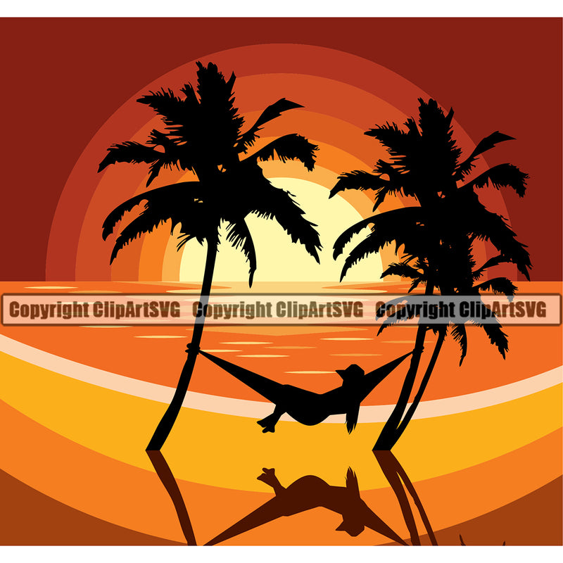 Nature Beach Hammock Sunset Vector Design Element Surfing Beach Summer Surf Ocean Tropical Wave Vacation Travel Sea Surfboard Palm Paradise Island Surfer Hawaii Nature Sun Sunset Clipart SVG