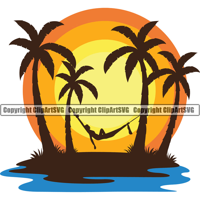 Nature Beach Hammock Palm Tree Island Sunset Vector Design Element Surfing Beach Summer Surf Ocean Tropical Wave Vacation Travel Sea Surfboard Palm Paradise Island Surfer Hawaii Nature Sun Sunset Clipart SVG
