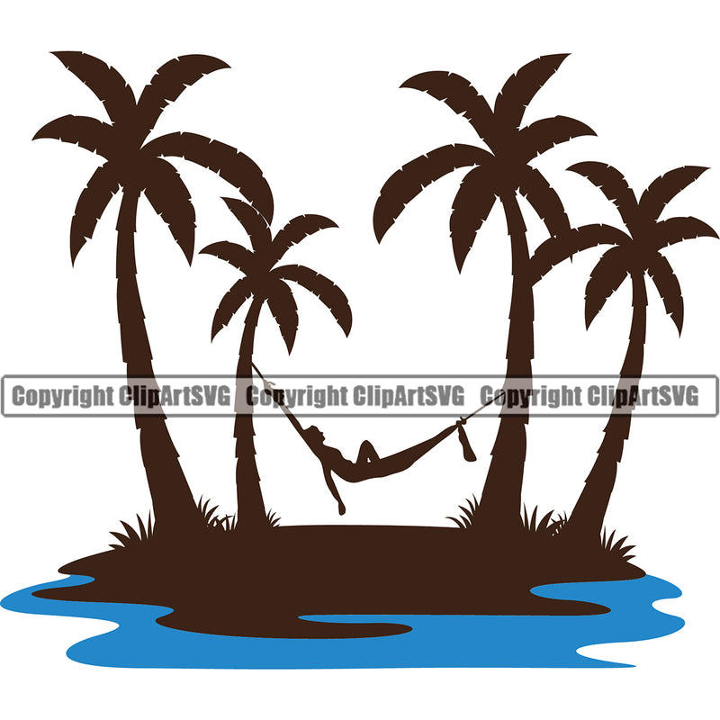 Nature Beach Hammock Palm Tree Island Vector Design Element Surfing Beach Summer Surf Ocean Tropical Wave Vacation Travel Sea Surfboard Palm Paradise Island Surfer Hawaii Nature Sun Sunset Clipart SVG