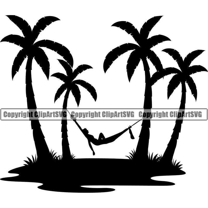 Nature Beach Hammock Palm Tree Island Sitting Vector White Background Design Element Surfing Beach Summer Surf Ocean Tropical Wave Vacation Travel Sea Surfboard Palm Paradise Island Surfer Hawaii Nature Sun Sunset Clipart SVG