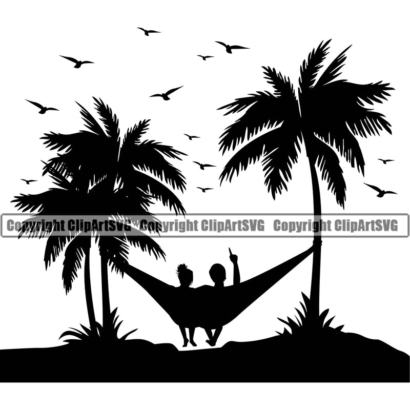 Nature Beach Hammock Romance Silhouette Vector Design Element Surfing Beach Summer Surf Ocean Tropical Wave Vacation Travel Sea Surfboard Palm Paradise Island Surfer Hawaii Nature Sun Sunset Clipart SVG