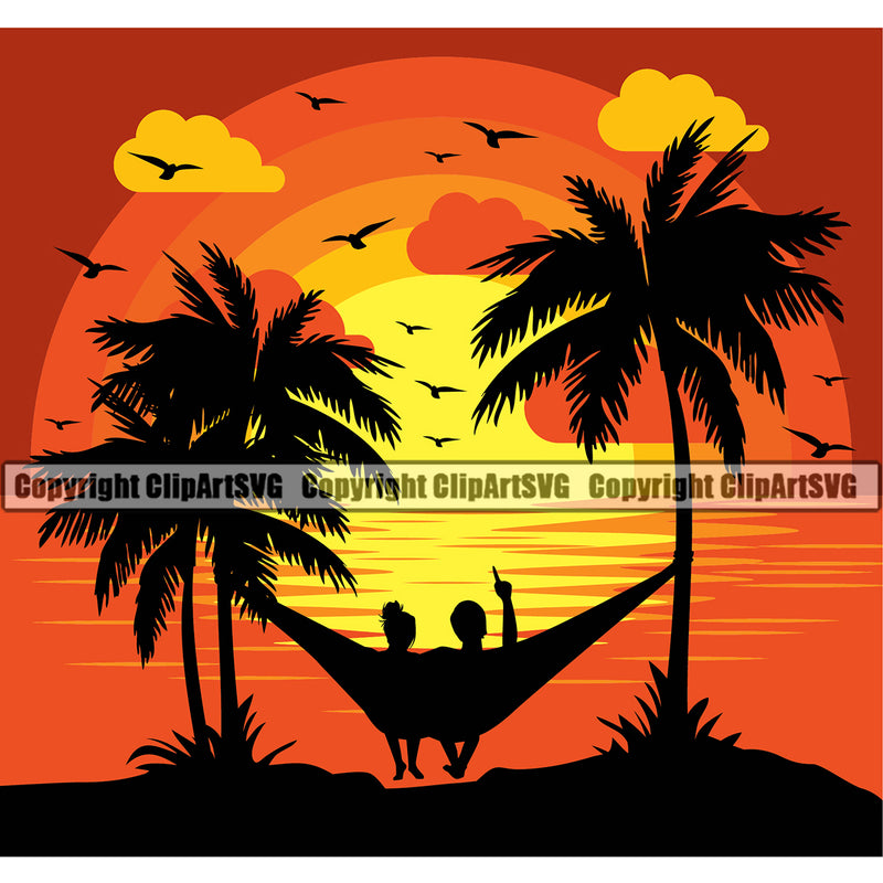 Nature Beach Hammock Romance Couple Sitting Vector Color Design Element Surfing Beach Summer Surf Ocean Tropical Wave Vacation Travel Sea Surfboard Palm Paradise Island Surfer Hawaii Nature Sun Sunset Clipart SVG