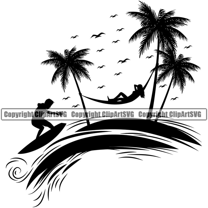 Nature Beach Hammock Surfing Vector Design Element Beach Summer Surf Ocean Tropical Wave Vacation Travel Sea Surfboard Palm Paradise Island Surfer Hawaii Nature Sun Sunset Clipart SVG