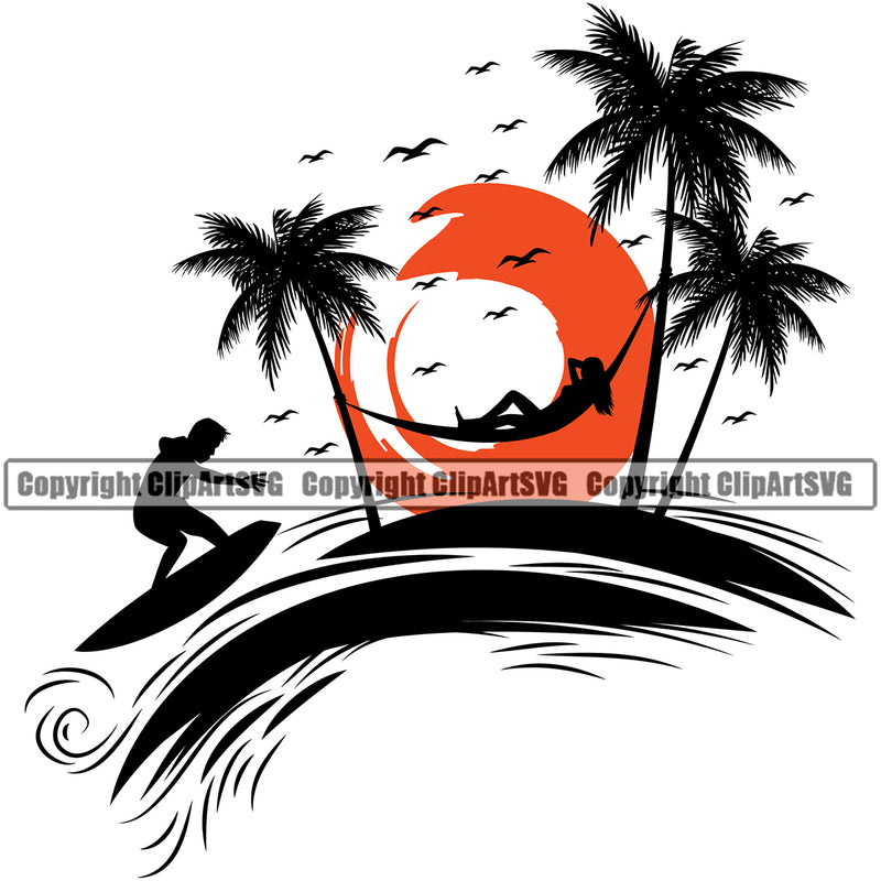 Nature Beach Hammock Surfing Vector Color Design Element Beach Summer Surf Ocean Tropical Wave Vacation Travel Sea Surfboard Palm Paradise Island Surfer Hawaii Nature Sun Sunset Clipart SVG
