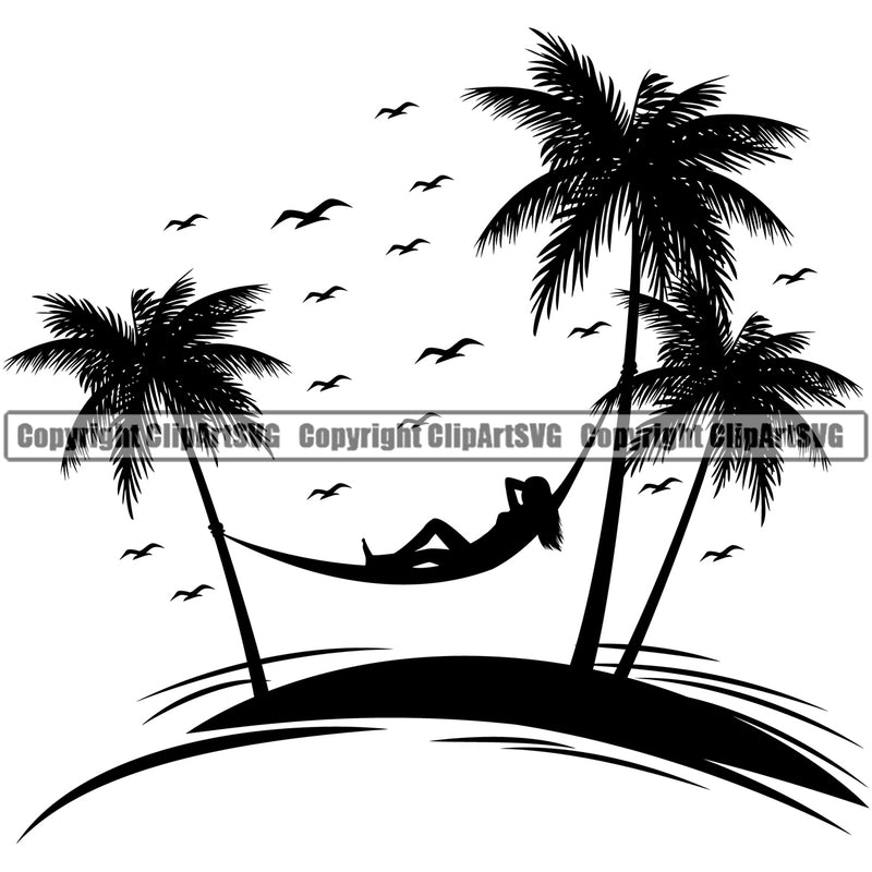 Nature Beach Hammock Surfing Beach Summer Vector Design Element Surf Ocean Tropical Wave Vacation Travel Sea Surfboard Palm Paradise Island Surfer Hawaii Nature Sun Sunset Clipart SVG