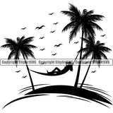 Nature Beach Hammock Surfing White Background Design Element Beach Summer Surf Ocean Tropical Wave Vacation Travel Sea Surfboard Palm Paradise Island Surfer Hawaii Nature Sun Sunset Clipart SVG