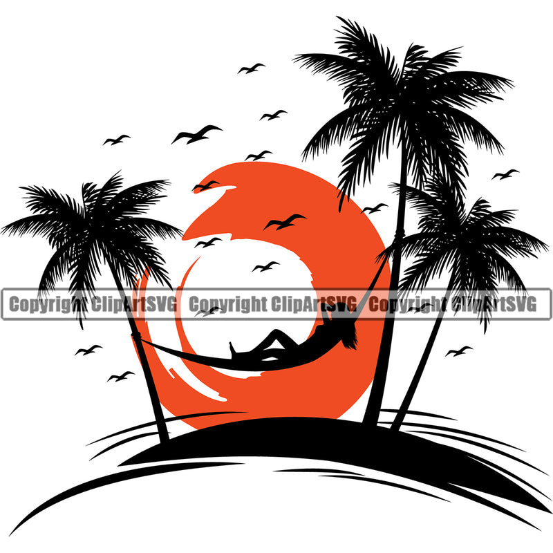 Nature Beach Hammock Surfing White Background Color Design Element Beach Summer Surf Ocean Tropical Wave Vacation Travel Sea Surfboard Palm Paradise Island Surfer Hawaii Nature Sun Sunset Clipart SVG