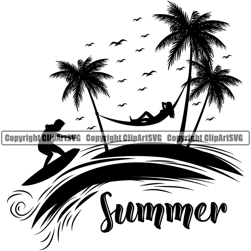 Summer Quote Nature Beach Hammock Surfing Vector Design Element Beach Summer Surf Ocean Tropical Wave Vacation Travel Sea Surfboard Palm Paradise Island Surfer Hawaii Nature Sun Sunset Clipart SVG