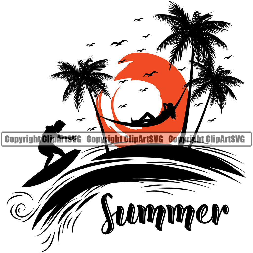 Products Summer Quote Nature Beach Hammock Surfing Vector Color Design Element Beach Summer Surf Ocean Tropical Wave Vacation Travel Sea Surfboard Palm Paradise Island Surfer Hawaii Nature Sun Sunset Clipart SVG