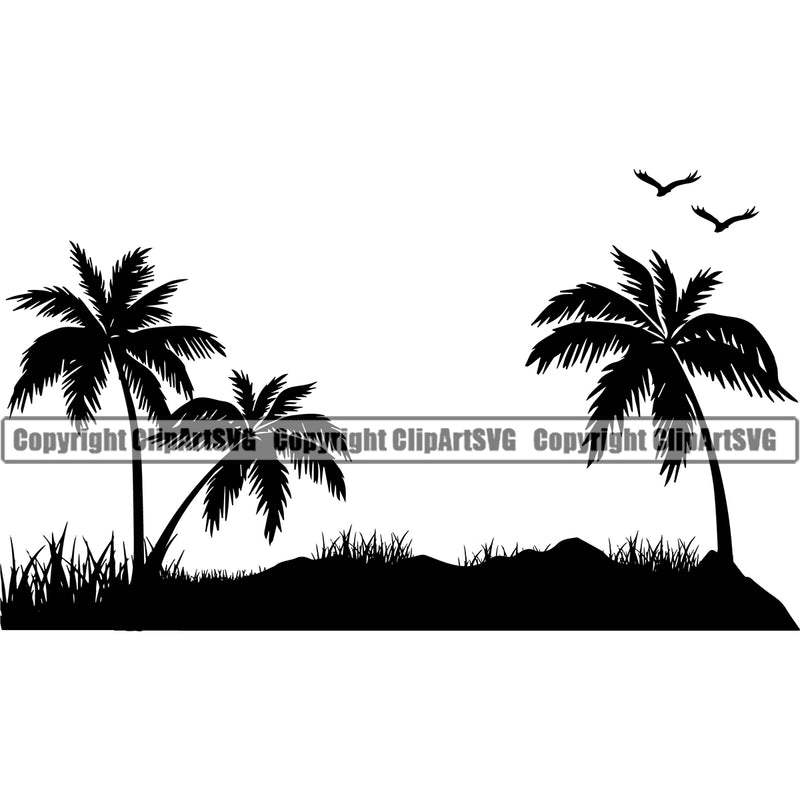 Natural Beach Island Silhouette Vector Design Element Surfing Beach Summer Surf Ocean Tropical Wave Vacation Travel Sea Surfboard Palm Paradise Island Surfer Hawaii Nature Sun Sunset Clipart SVG