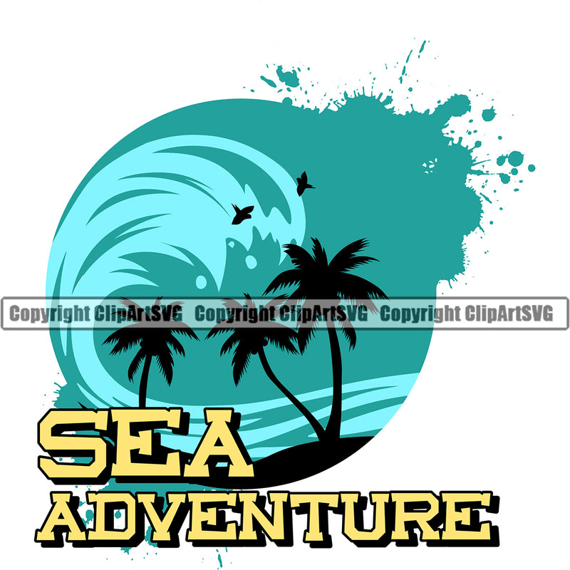 Sea Adventure Nature Beach Artwork Color Design Element Quote Surfing Beach Summer Surf Ocean Tropical Wave Vacation Travel Sea Surfboard Palm Paradise Island Surfer Hawaii Nature Sun Sunset Clipart SVG