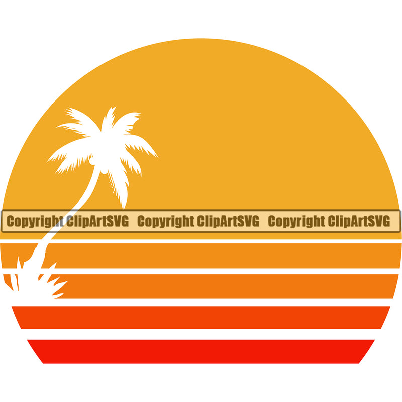 Surfing Nature Beach Summer Color Design Element Surf Ocean Tropical Wave Vacation Travel Sea Surfboard Palm Vector Paradise Island Surfer Hawaii Nature Sun Sunset Clipart SVG