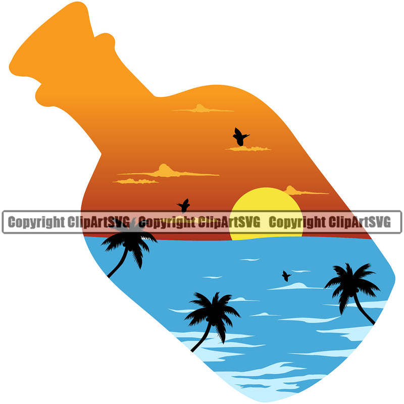 Surfing Nature Beach Summer Bottle Color Design Element Surf Ocean Tropical Wave Vacation Travel Sea Surfboard Palm Paradise White Background Island Surfer Hawaii Nature Sun Sunset Clipart SVG
