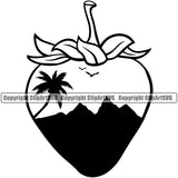 Surfing Nature Beach Logo On Fruiter Design Element Summer Surf Ocean Tropical Wave Vacation Travel Sea Surfboard Palm Paradise Island Surfer Hawaii Nature Sun Sunset Clipart SVG