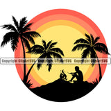Surfing Nature Beach Man On Fair Color Design Element Summer Surf Ocean Tropical Wave Vacation Travel Sea Vector White Background Surfboard Palm Paradise Island Surfer Hawaii Nature Sun Sunset Clipart SVG