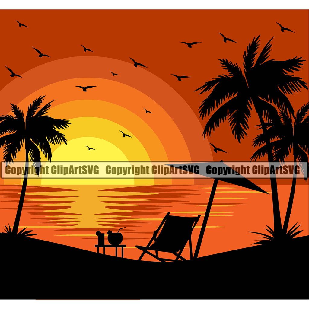 Surfing Nature Beach Paradise Color Design Element Summer Surf Ocean Tropical Wave Vector Vacation Travel Sea Surfer Hawaii Nature Sun Sunset Surfboard Palm Paradise Island Clipart SVG