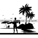 Surfing Nature Beach Romance Vector Summer Surf Ocean Tropical Wave Vacation Design Element Travel Sea Surfboard Palm Paradise Island Surfer Hawaii Nature Sun Sunset Clipart SVG