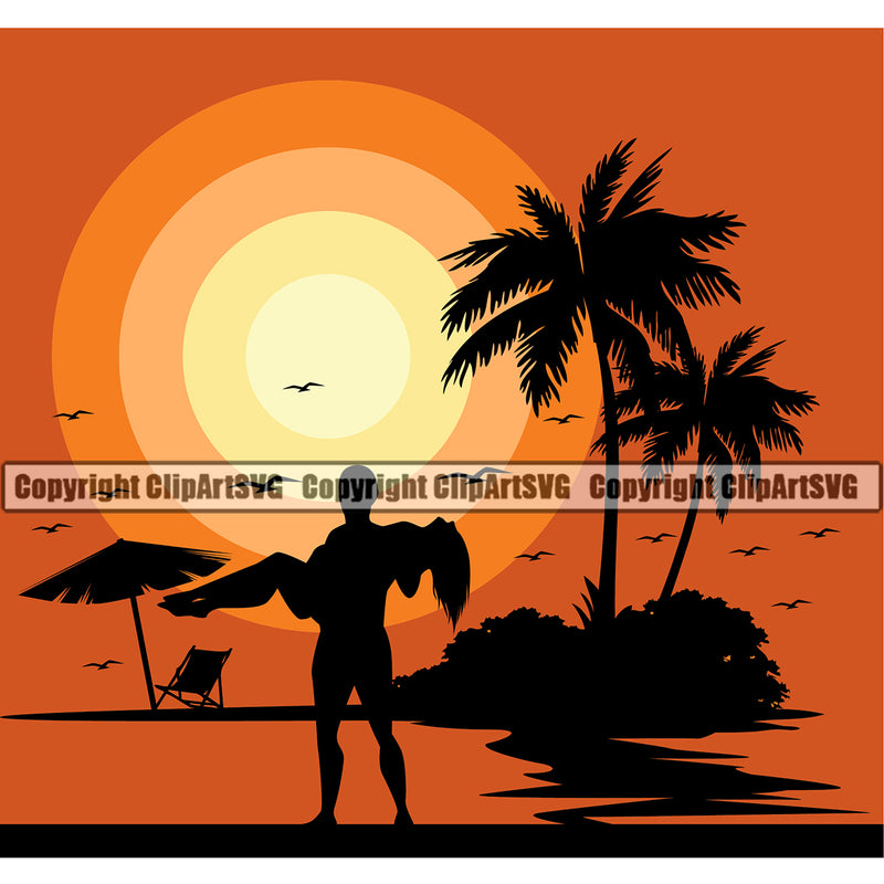 Surfing Nature Beach Romance Color Logo Summer Surf Ocean Tropical Wave Vacation Design Element Travel Sea Surfer Hawaii Nature Sun Sunset Surfboard Palm Paradise Island Clipart SVG