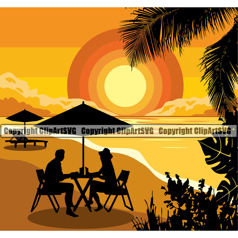 Surfing Nature Beach Romance Summer Surf Sitting On Chair Vector Ocean Tropical Wave Vacation Travel Design Element Sea Surfboard Palm Paradise Island Surfer Hawaii Nature Sun Sunset Clipart SVG