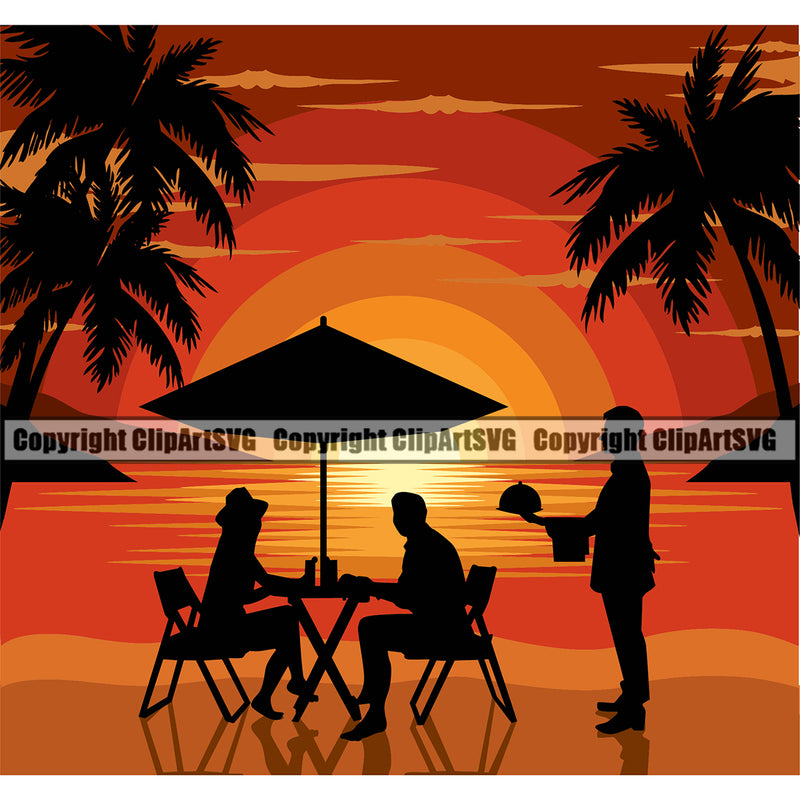 Surfing Nature Beach Romance Dinner Table Summer Surf Ocean Color Design Element Tropical Wave Vacation Travel Sea Surfboard Palm Paradise Island Surfer Hawaii Nature Sun Sunset Clipart SVG