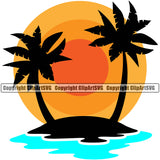 Surfing Nature Beach Palm Tree Sunset Design Element Summer Surf Ocean Tropical Vector Wave Vacation Travel Sun Logo Sea Surfboard Palm Paradise Island Surfer Hawaii Nature Sun Sunset Clipart SVG