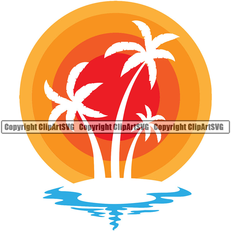 Surfing Nature Beach Sunset Palm Tree Vector Summer Surf Ocean Tropical Wave Design Element Vacation Travel Sea Surfboard Palm Paradise Island Surfer Hawaii Nature Sun Sunset Clipart SVG