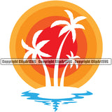 Surfing Nature Beach Sunset Palm Tree Vector Summer Surf Ocean Tropical Wave Design Element Vacation Travel Sea Surfboard Palm Paradise Island Surfer Hawaii Nature Sun Sunset Clipart SVG