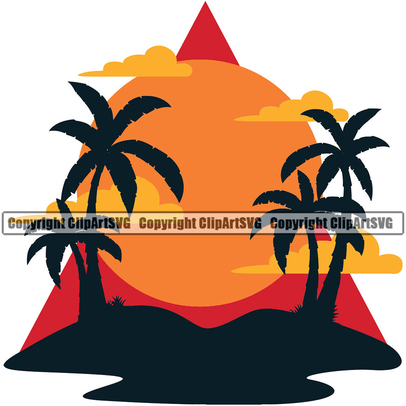 Surfing Nature Beach Pal Tree Summer Surf Ocean Tropical Wave White Background Sun Logo Vacation Travel Sea Surfboard Palm Paradise Island Surfer Hawaii Nature Sun Sunset Clipart SVG